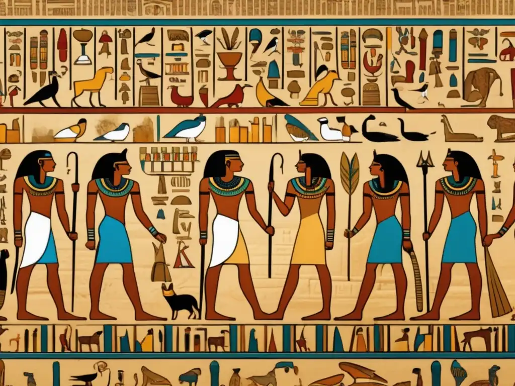 Una imagen 8k detallada de un muro de un antiguo templo egipcio cubierto de intrincadas jeroglíficos