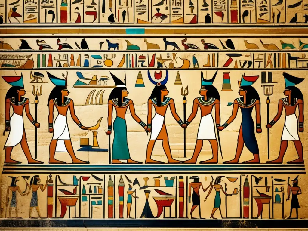 Una imagen detallada de un muro antiguo de un templo egipcio cubierto de jeroglíficos intrincados