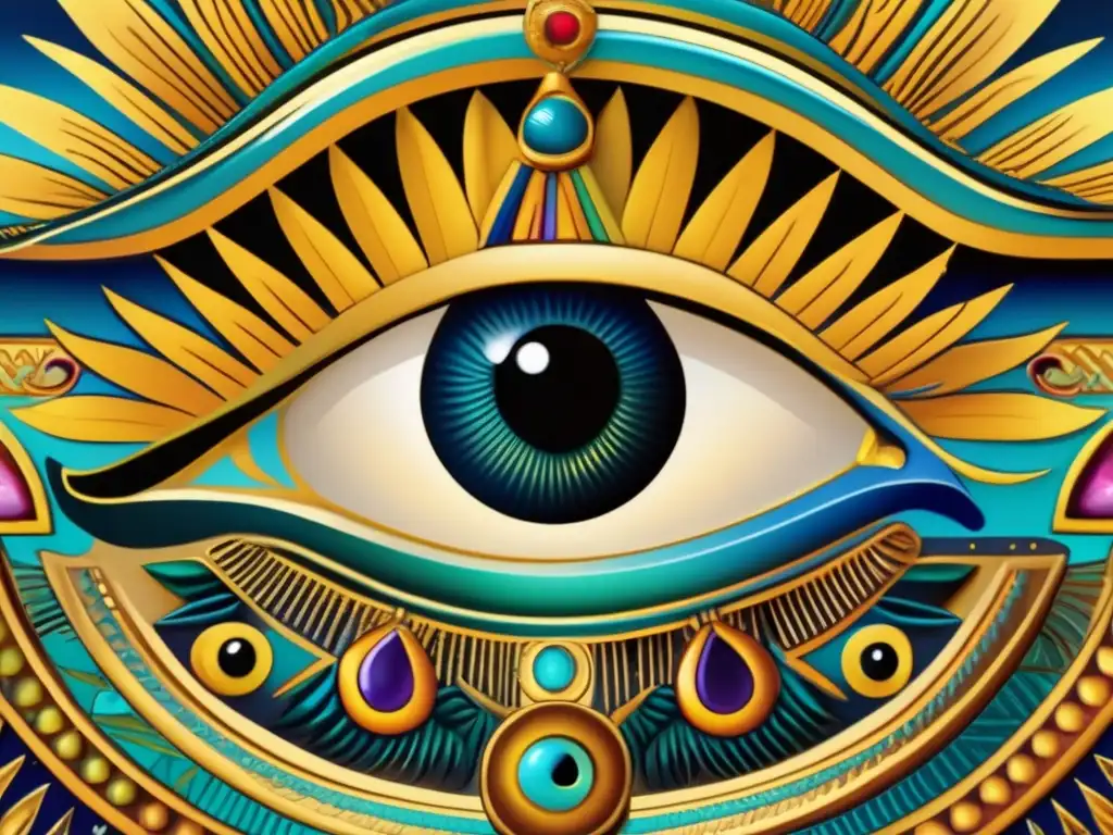 Imagen detallada del Ojo de Horus, con colores vibrantes y símbolos egipcios