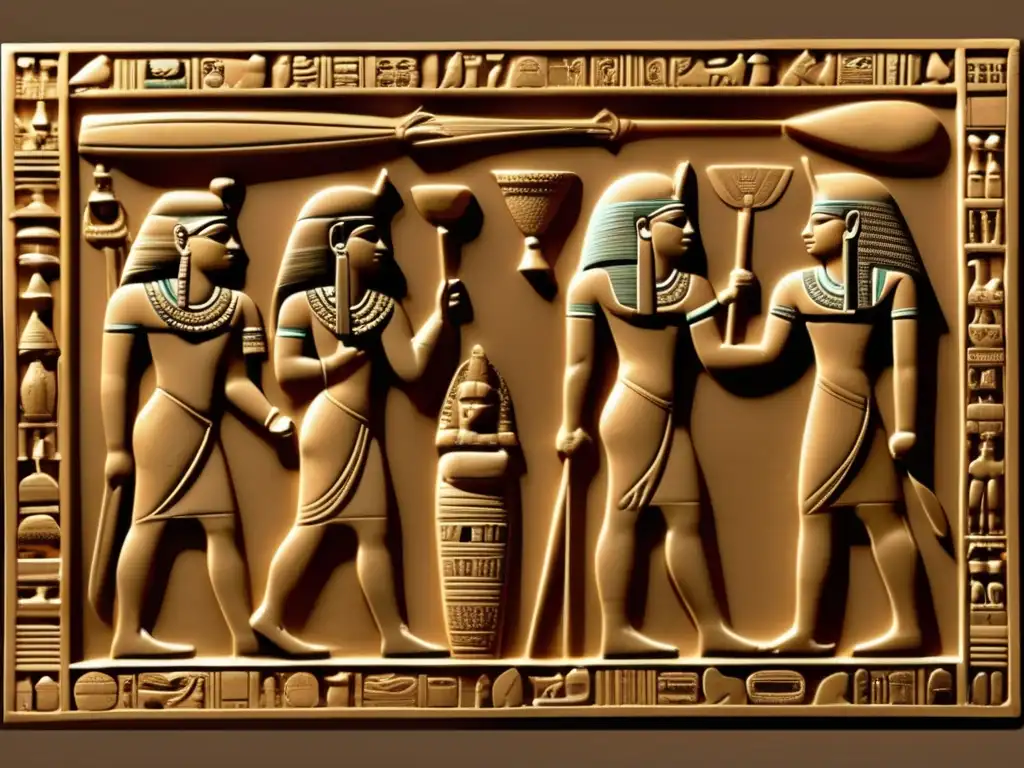 Una imagen detallada de la Paleta de Narmer, símbolo de unificación, con intrincadas tallas y representaciones simbólicas