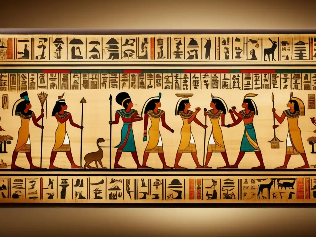 Imagen detallada en 8k de un papiro antiguo, con jeroglíficos e ilustraciones intrincadas que nos transportan a la administración en el Imperio Antiguo de Egipto
