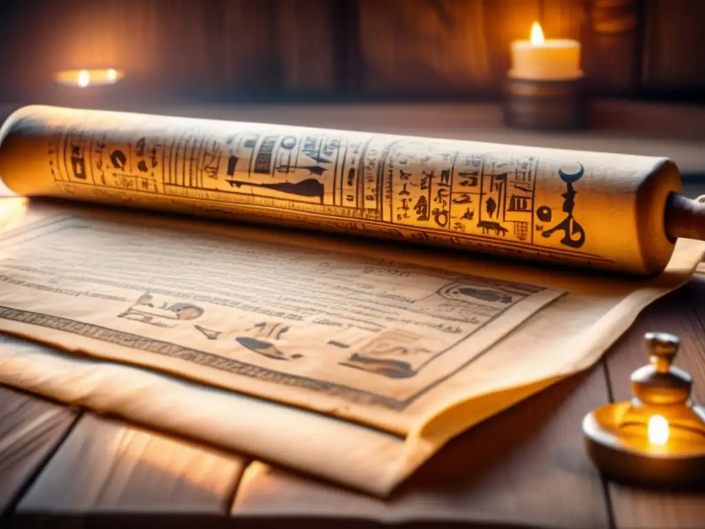 Una imagen detallada en 8k muestra un papiro antiguo en una mesa de madera envejecida