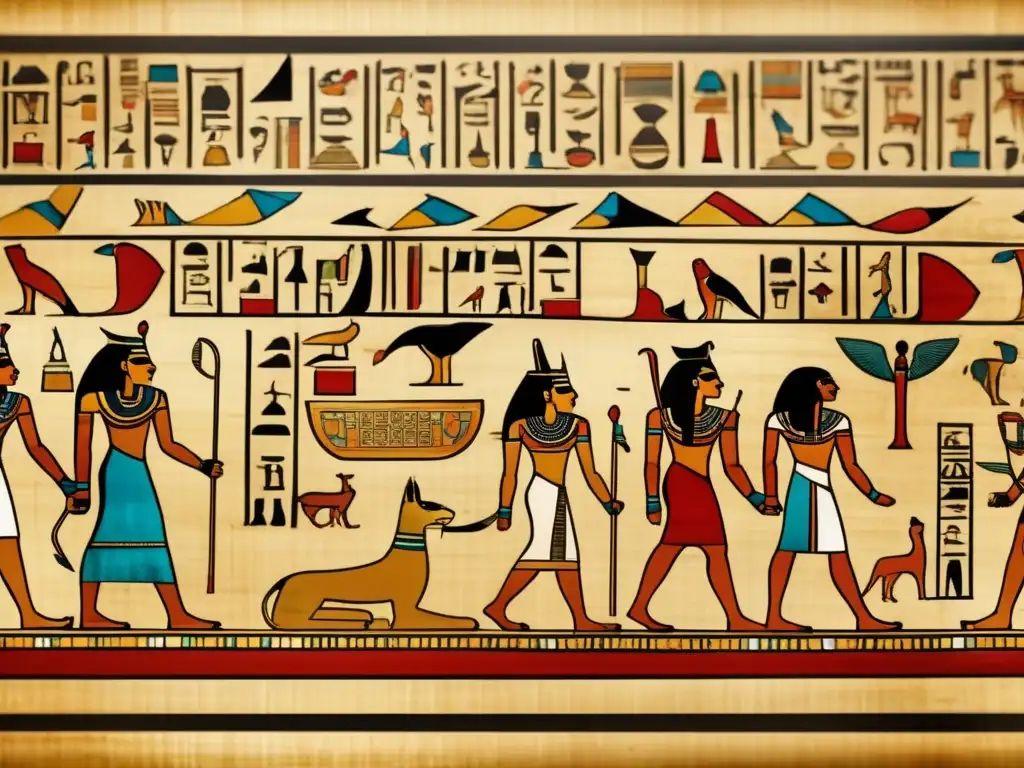 Una imagen detallada en 8k de un papiro egipcio antiguo, adornado con jeroglíficos coloridos
