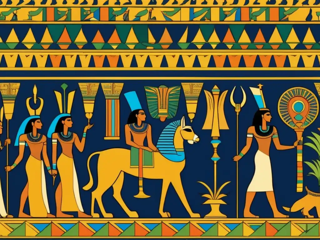 Una imagen detallada de una pared decorada de un templo egipcio, con una paleta cromática vibrante y rica que refleja la decoración antigua del Egipto