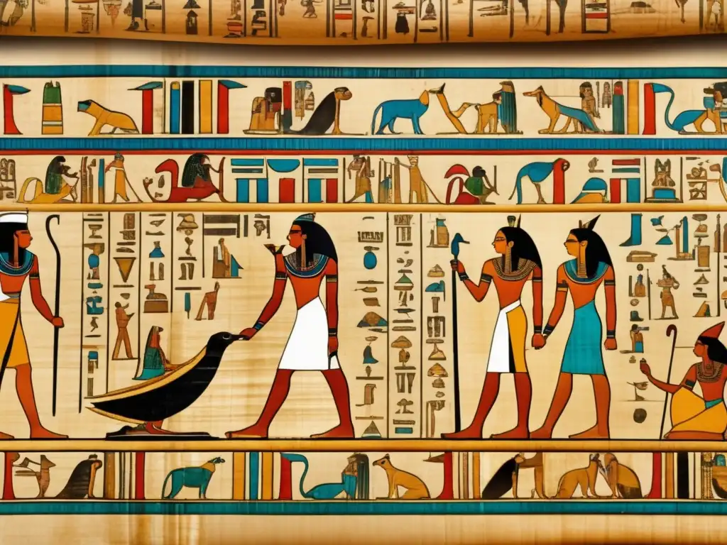 Una imagen detallada de un pergamino egipcio antiguo, con influencia griega y latina en Egipto Tardío, muestra inscripciones y ilustraciones vibrantes