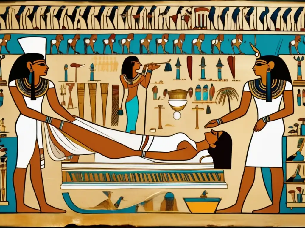Una imagen detallada en 8k de una pintura en una antigua tumba egipcia que muestra las técnicas de momificación en Egipto