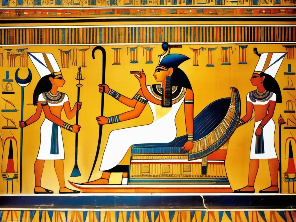 Una imagen detallada de una pintura mural excepcionalmente preservada de la tumba de Tutankamón en el Antiguo Egipto