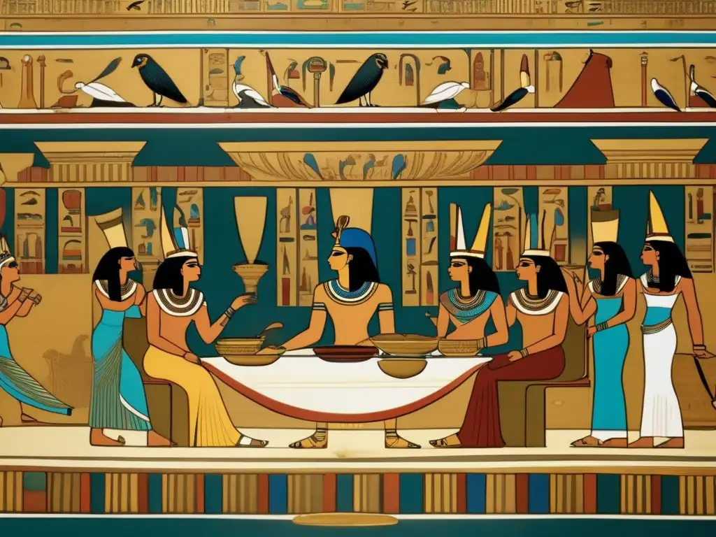 Una imagen en 8k detallada de una pintura mural egipcia antigua que muestra una escena de banquete lujoso
