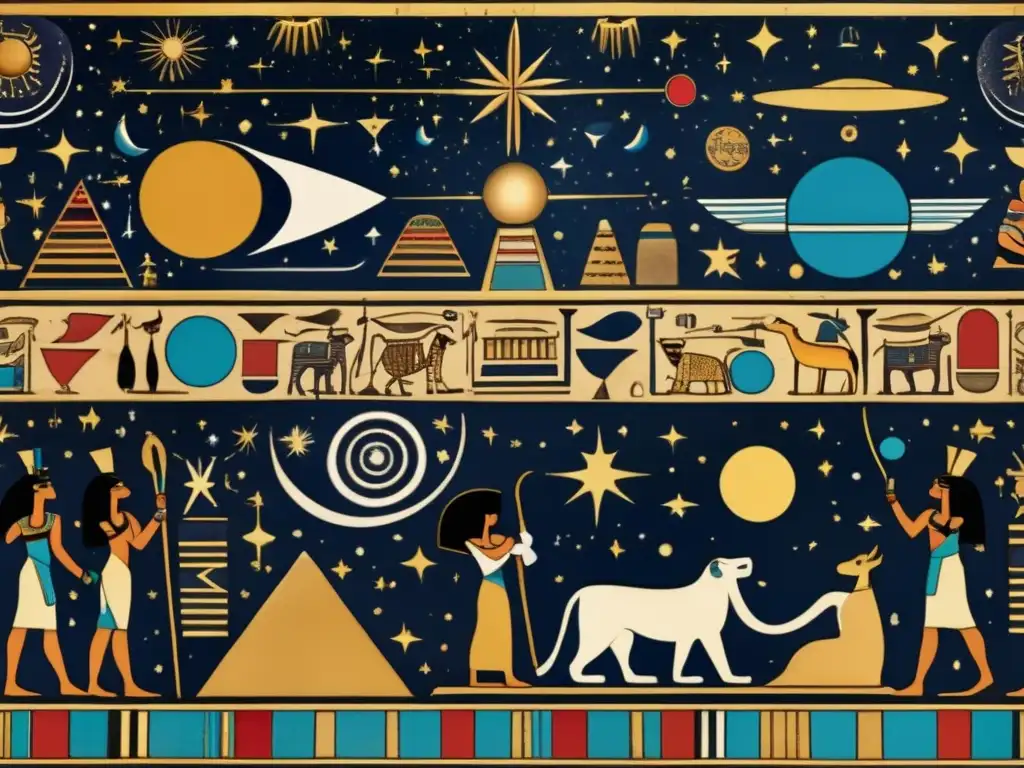 Una imagen detallada de una pintura de tumba egipcia vintage que muestra símbolos astronómicos y hieroglíficos vibrantes