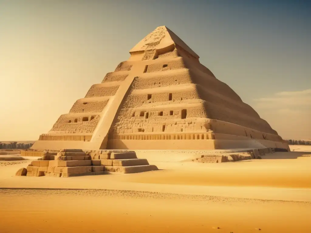 Imagen detallada de la Pirámide de Djoser en Saqqara, Egipto, con un filtro vintage