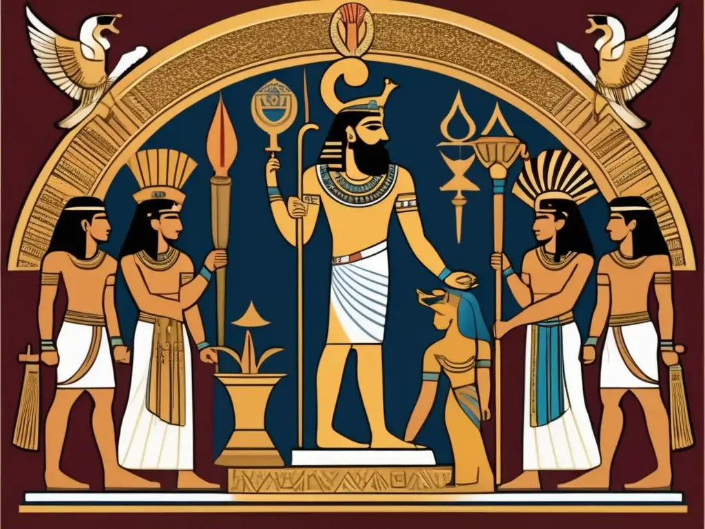 Imagen detallada de Serapis rodeado de deidades egipcias y griegas, evocando un sincretismo religioso en Egipto