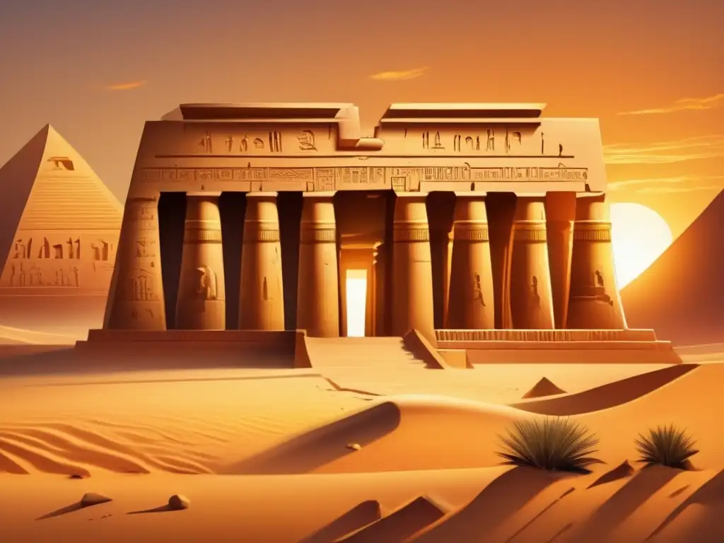 Una imagen detallada de las ruinas de un antiguo templo egipcio, rodeado de arena dorada del desierto