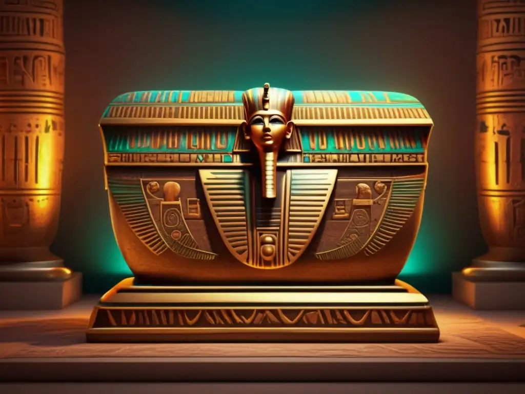 Una imagen detallada en 8k que muestra un sarcófago egipcio antiguo en una habitación tenue
