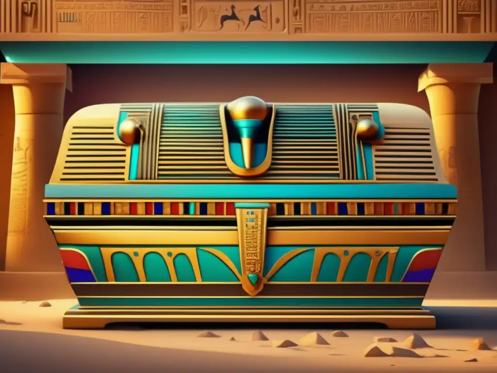 Una imagen detallada que muestra una sarcófago egipcio ricamente adornado en una cámara funeraria antigua