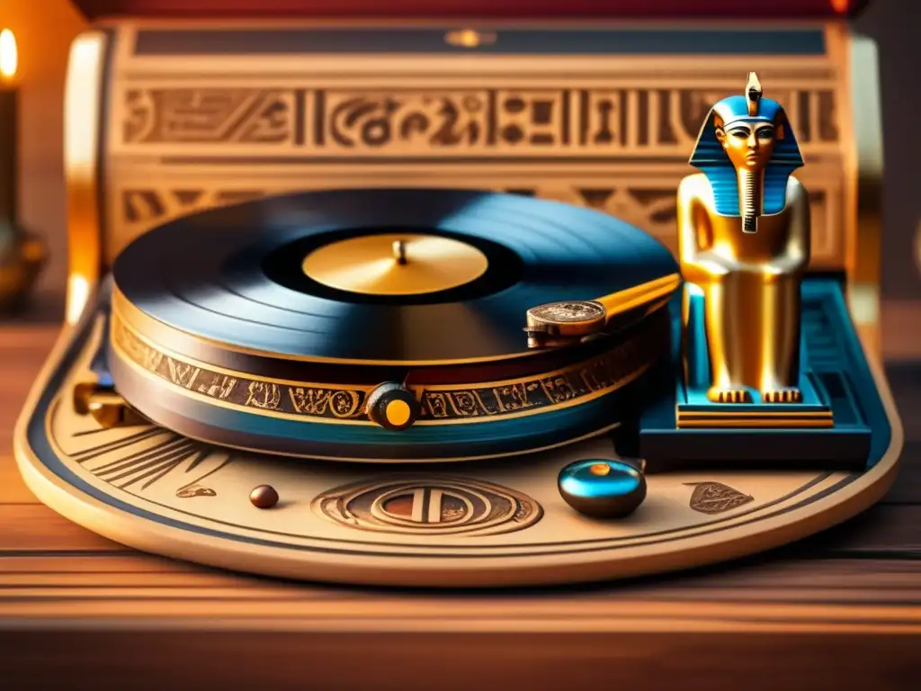 Una imagen detallada en 8k de un tocadiscos vintage decorado con jeroglíficos y motivos egipcios