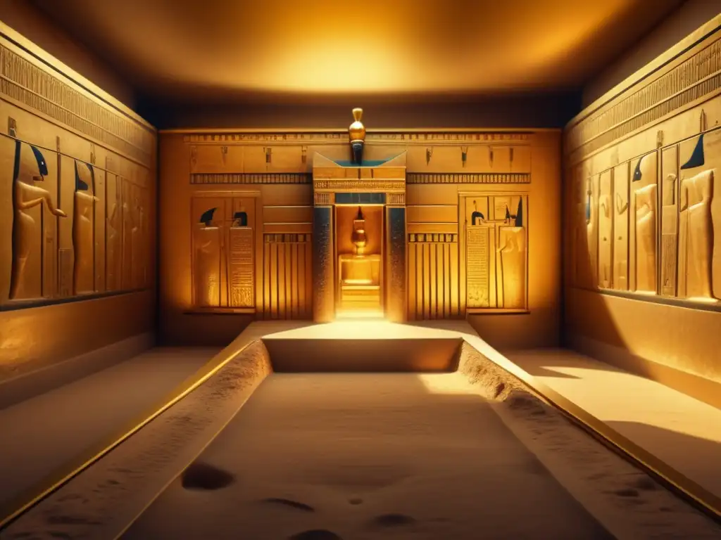 Una imagen detallada en 8k de la tumba de Tutankamón, bañada en cálida luz dorada