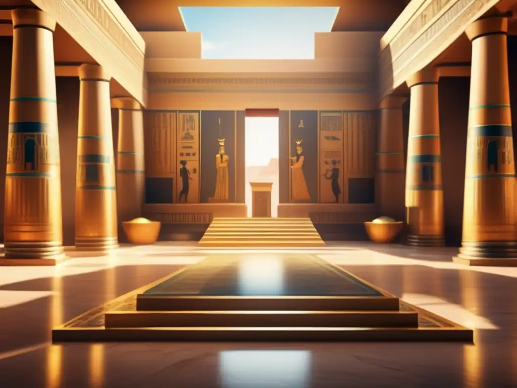 Majestuoso salón egipcio antiguo con trono dorado y rituales ceremoniales Imagen detallada en ultradefinición 8k de una majestuosa sala en el antiguo Egipto
