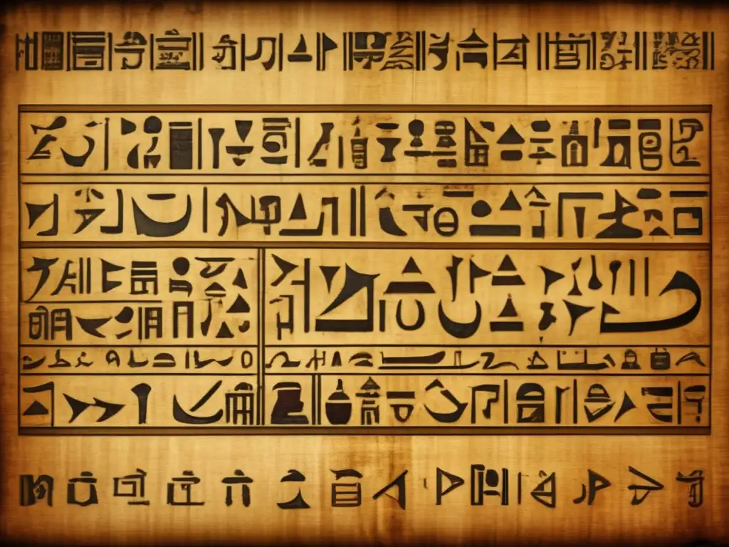 Una imagen detallada en ultradefinición 8k del Papiro de Rhind, con inscripciones jeroglíficas y cálculos matemáticos