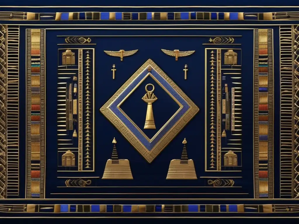 Robe egipcia bordada: detalle y simbolismo en alta definición La imagen muestra la detallada vestimenta faraónica bordada con simbolismo de poder y religión en un rico azul y oro