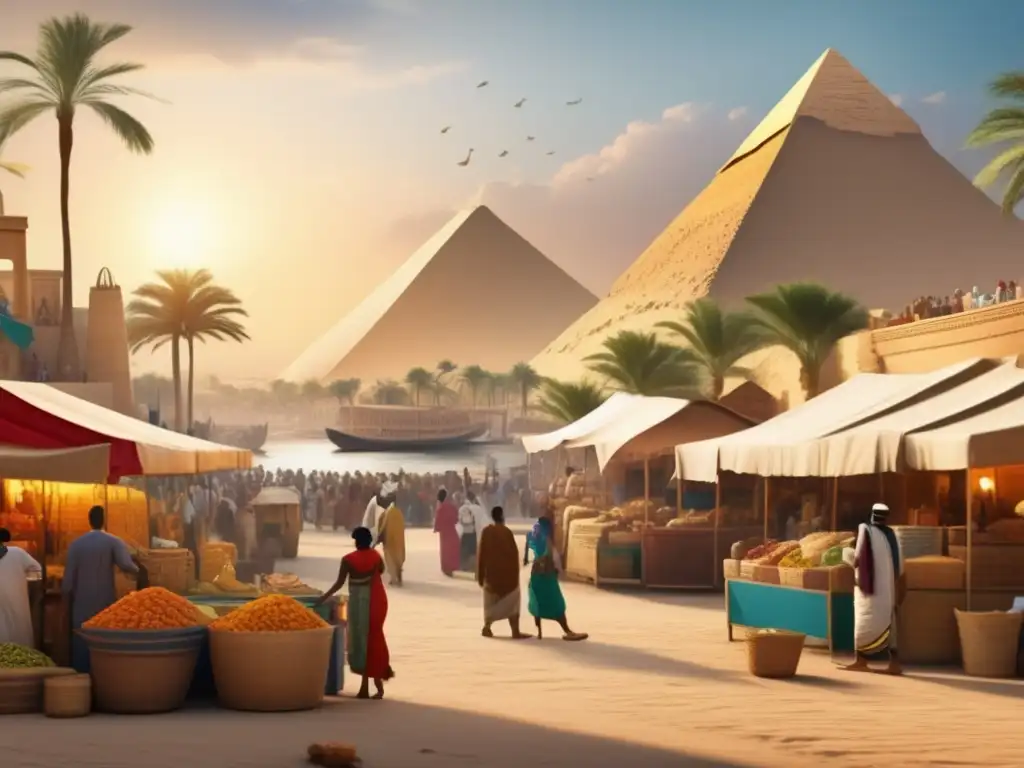 Una imagen detallada y vibrante del bullicioso mercado egipcio junto al majestuoso río Nilo