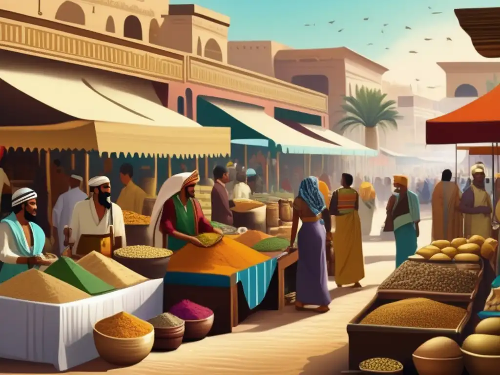 Una imagen detallada y vibrante del bullicioso mercado egipcio antiguo cerca del Nilo