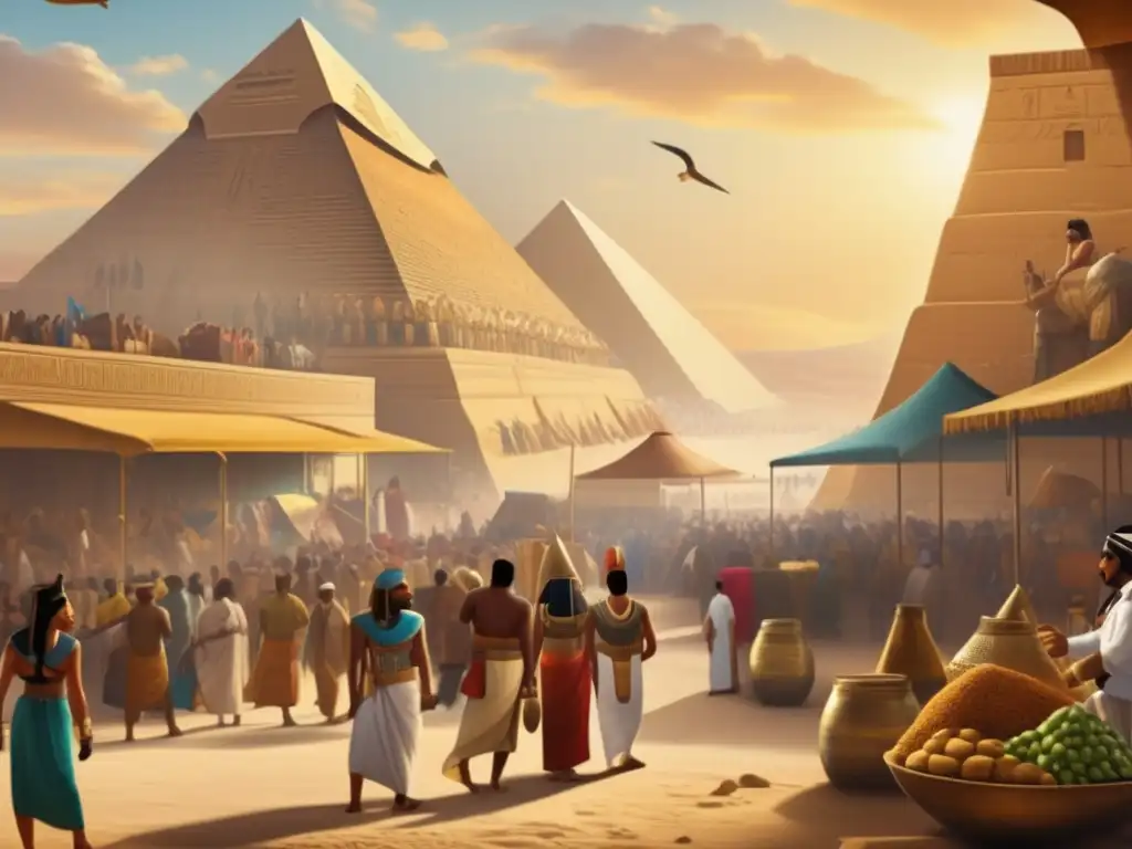 Una imagen detallada en 8K muestra un vibrante mural egipcio en perspectiva, en un bullicioso mercado antiguo rodeado de majestuosas pirámides