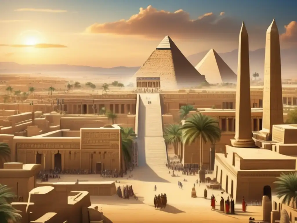 Una imagen detallada y vintage de la antigua ciudad de Tebas en el antiguo Egipto, resaltando su intrincada planificación urbana y la majestuosidad de sus edificios de piedra, con jeroglíficos tallados