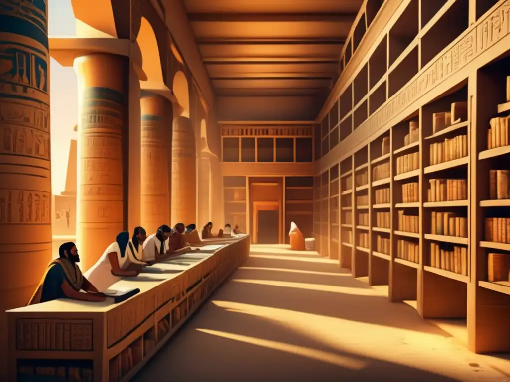 Una imagen detallada y vintage de una antigua biblioteca egipcia