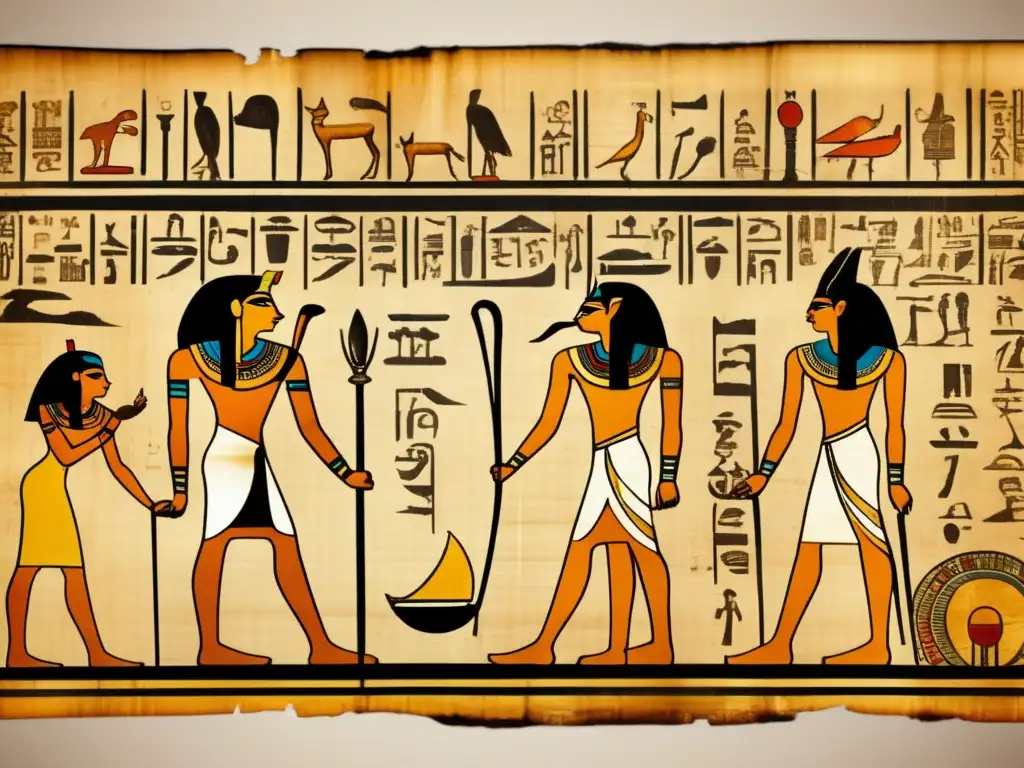 Una imagen detallada y vintage de un antiguo pergamino egipcio desenrollado, con delicadas inscripciones jeroglíficas