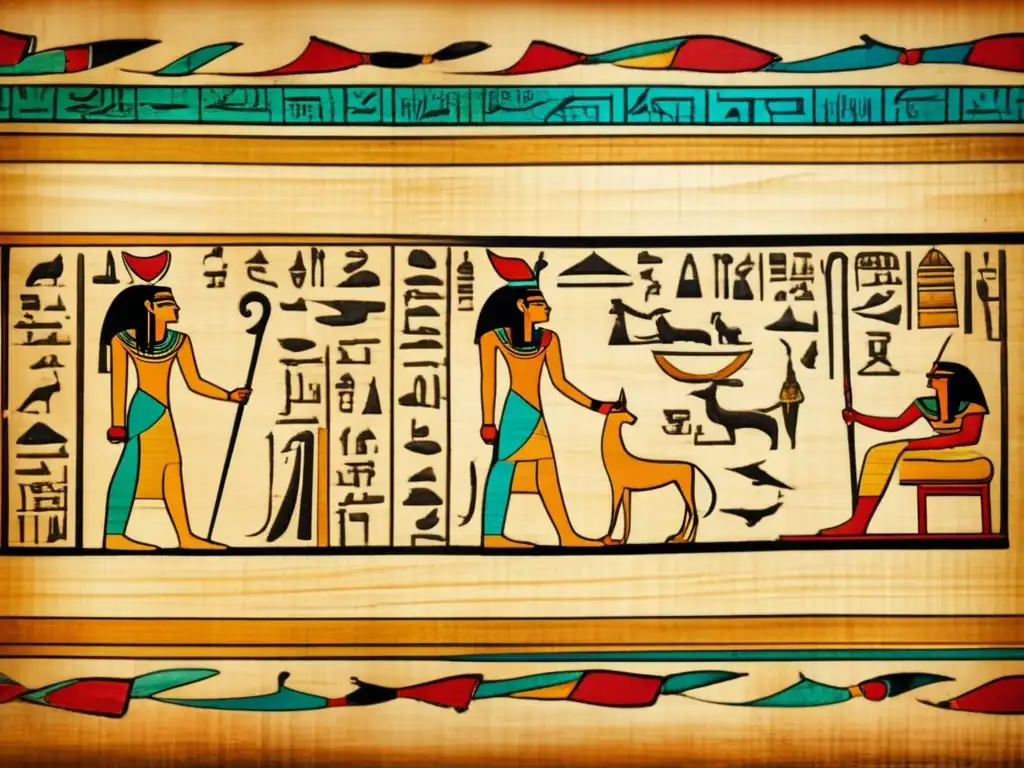 Una imagen 8K detallada y vintage muestra un antiguo pergamino egipcio con escritura jeroglífica