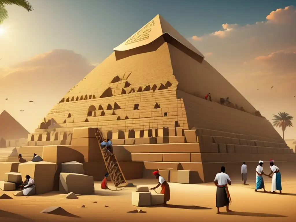 Una imagen detallada y vintage que muestra a artesanos egipcios trabajando juntos en la construcción de una de las magníficas pirámides de Egipto