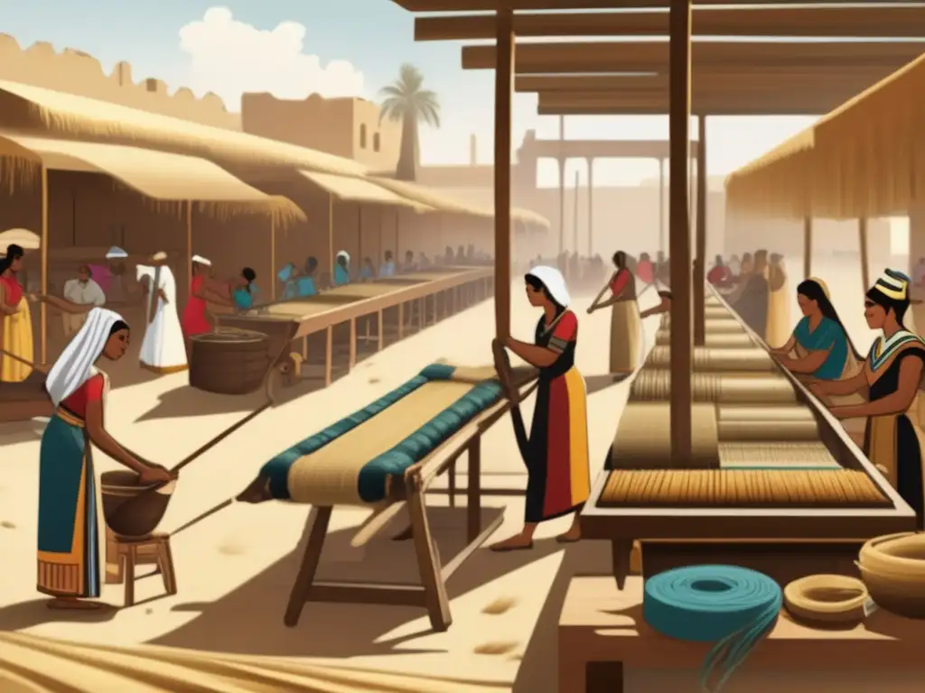 Una imagen detallada y vintage de la bulliciosa producción textil en el Antiguo Egipto