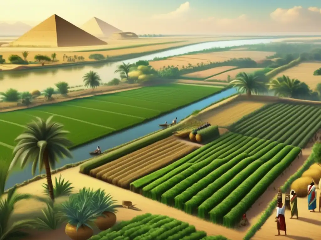 Una imagen detallada y vintage de un exuberante paisaje agrícola en el Imperio Nuevo egipcio