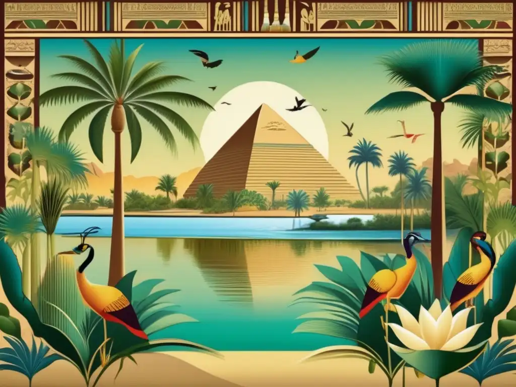 Una imagen detallada y vintage que muestra la influencia de la naturaleza en el diseño egipcio