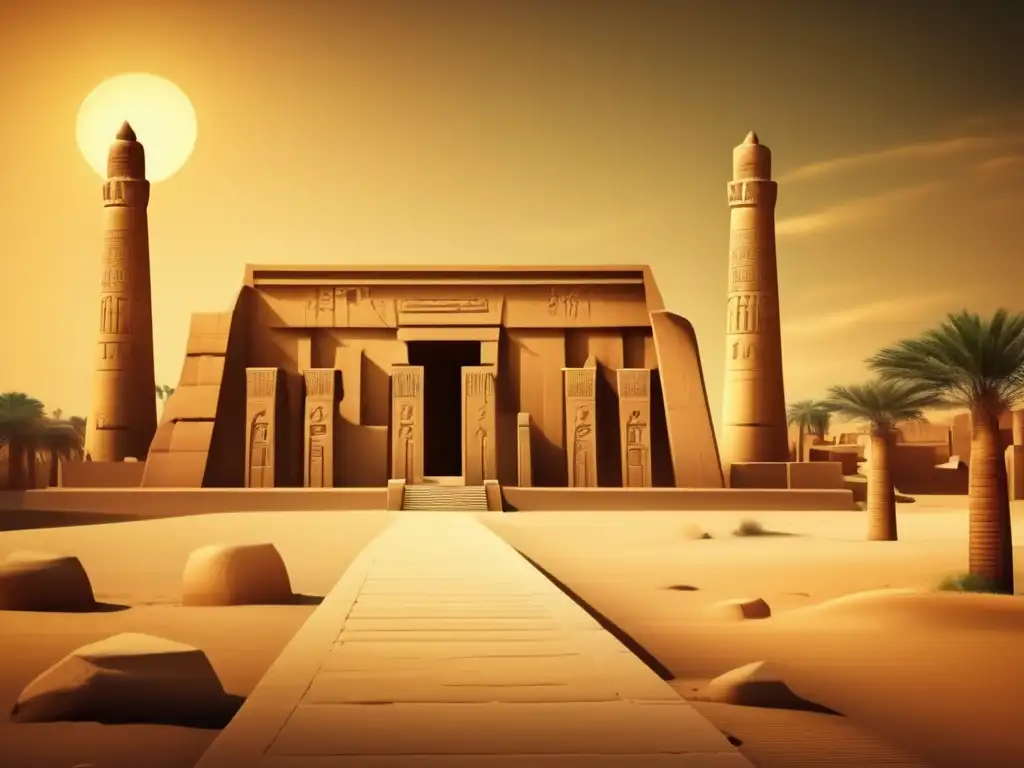 Una imagen detallada y vintage del majestuoso Templo de Karnak a orillas del río Nilo en Egipto