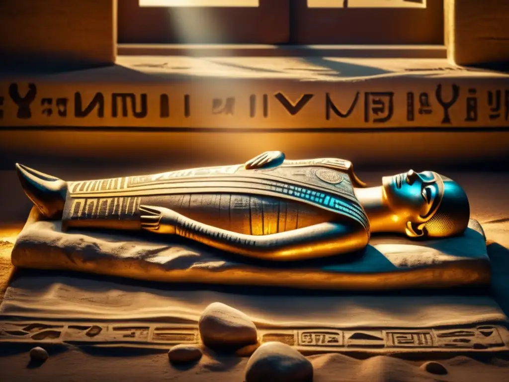 Una imagen detallada y vintage de una momia egipcia antigua reposando en una mesa de piedra en una habitación tenue