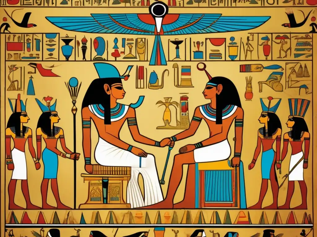Una imagen detallada y vintage que muestra una pintura mural egipcia antigua de una tumba de faraón