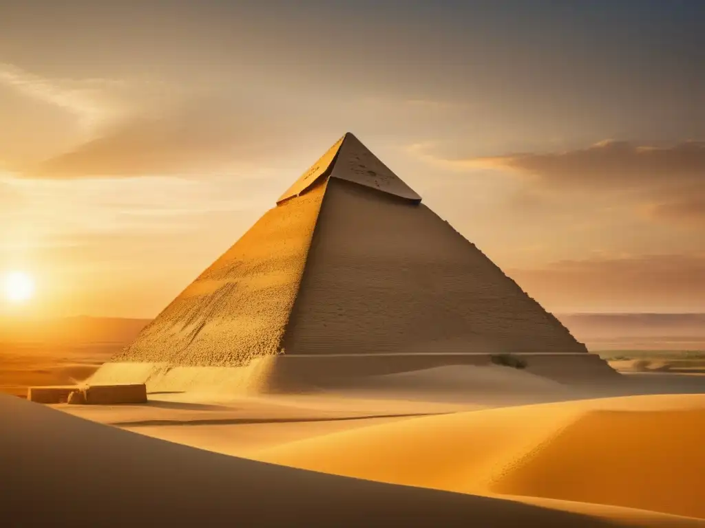 Una imagen detallada y vintage de la Pirámide de Meidum en Egipto se alza en un paisaje desértico dorado