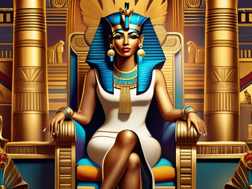 Una imagen detallada y vintage de una poderosa y regia reina del Antiguo Egipto en un trono dorado y ornamental