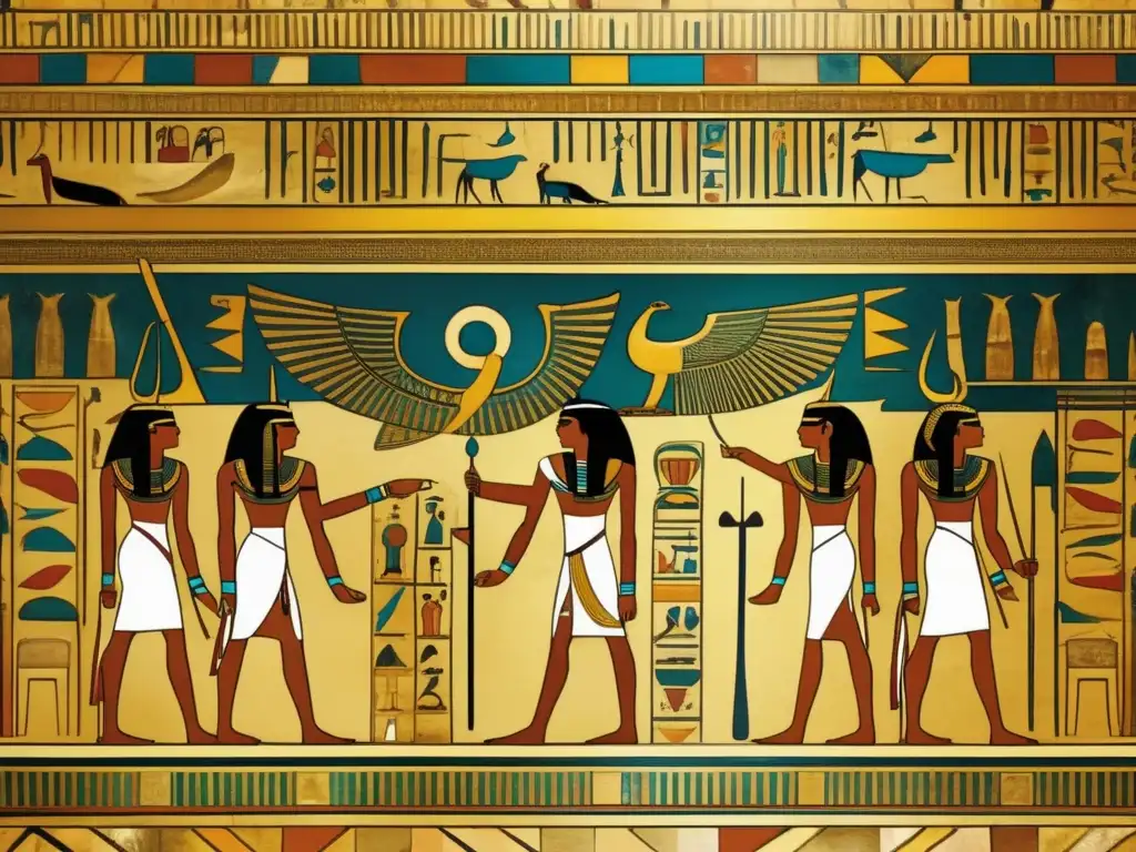 Una imagen detallada y vintage de la tumba de Seti I, con pinturas intrincadas y vibrantes que representan la mitología y rituales egipcios