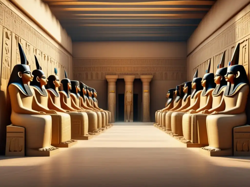 Una imagen detallada y vívida de una reunión histórica entre líderes de Egipto y Mesopotamia en un majestuoso salón