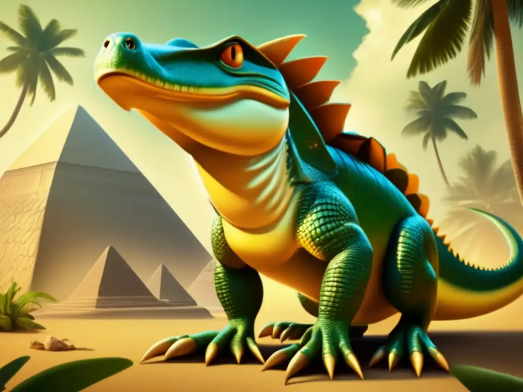 Sobek: El Poder Protector del Dios Cocodrilo en Estilo Vintage La imagen muestra a Sobek, el Dios Cocodrilo de la fertilidad y la protección, en un estilo vintage