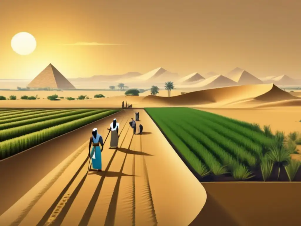 Imagen de una escena agrícola vintage en Egipto, mostrando las técnicas y herramientas de cultivo utilizadas en la antigüedad