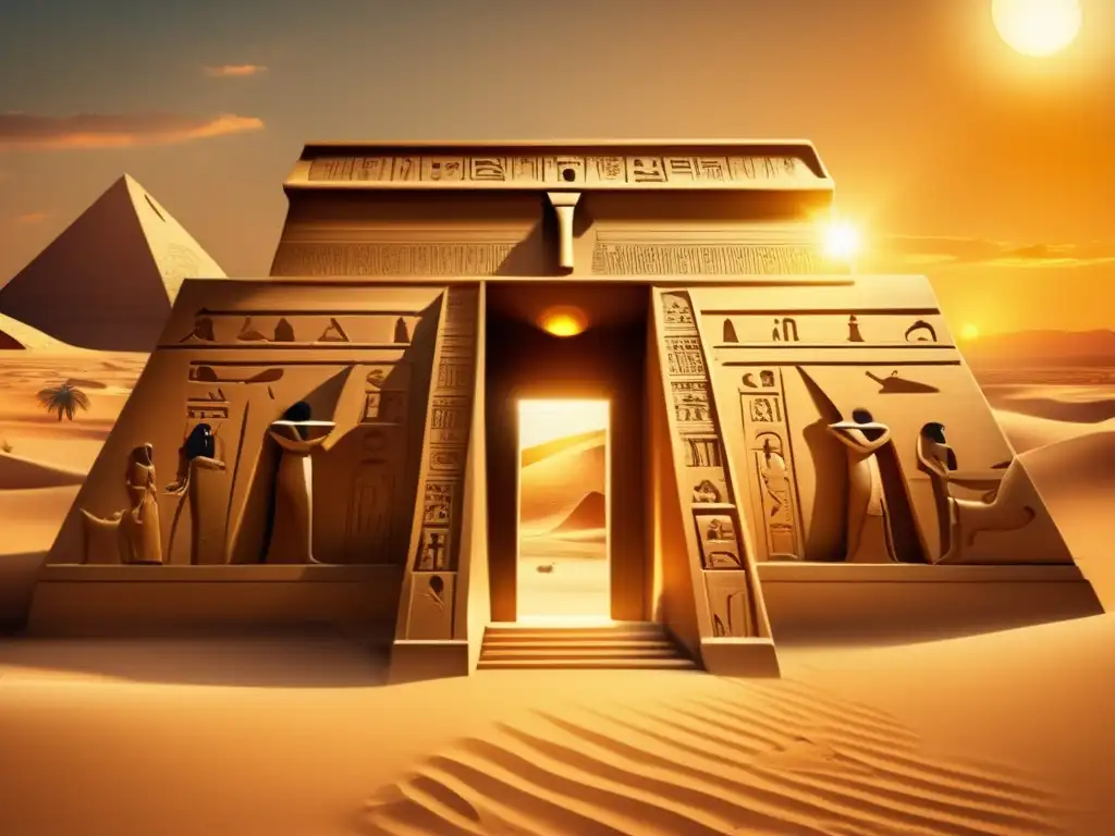 Una imagen estilo vintage muestra una antigua tumba egipcia, llena de jeroglíficos y tallados, erguida en medio de un desierto dorado