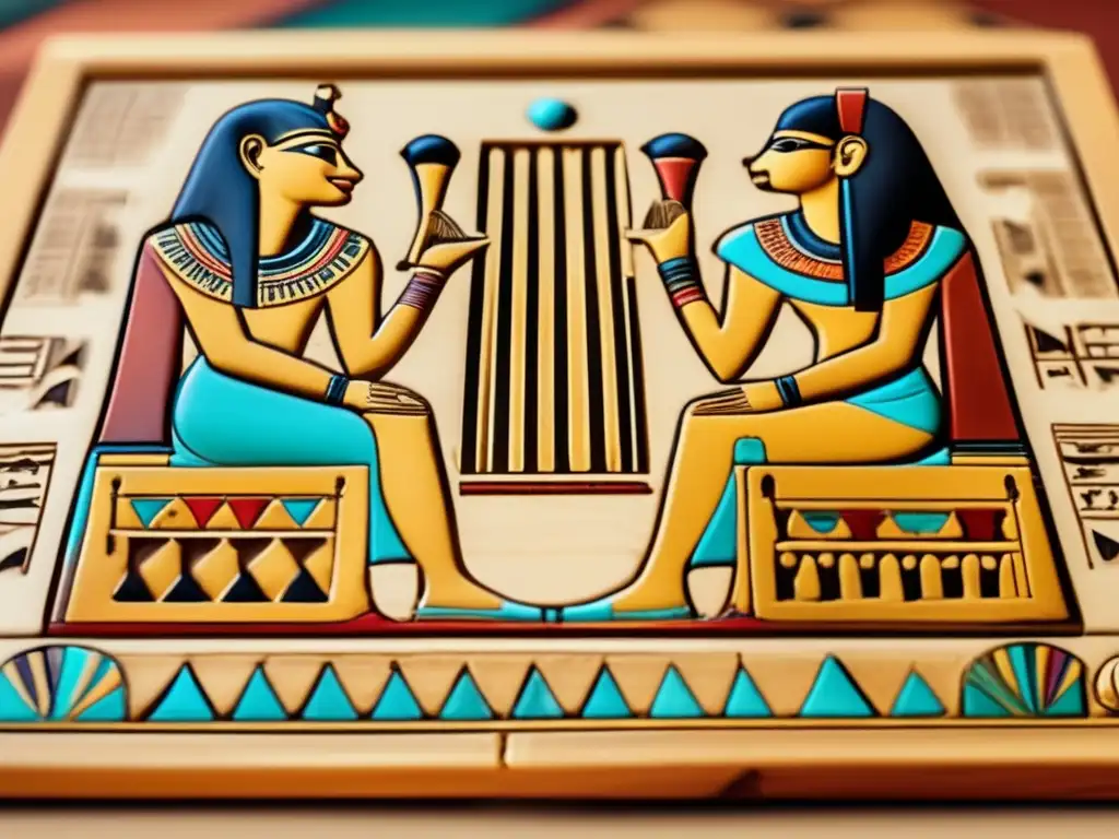 Una imagen estilo vintage que muestra a antiguos egipcios jugando animadamente al Senet, un popular juego de mesa en el Antiguo Egipto