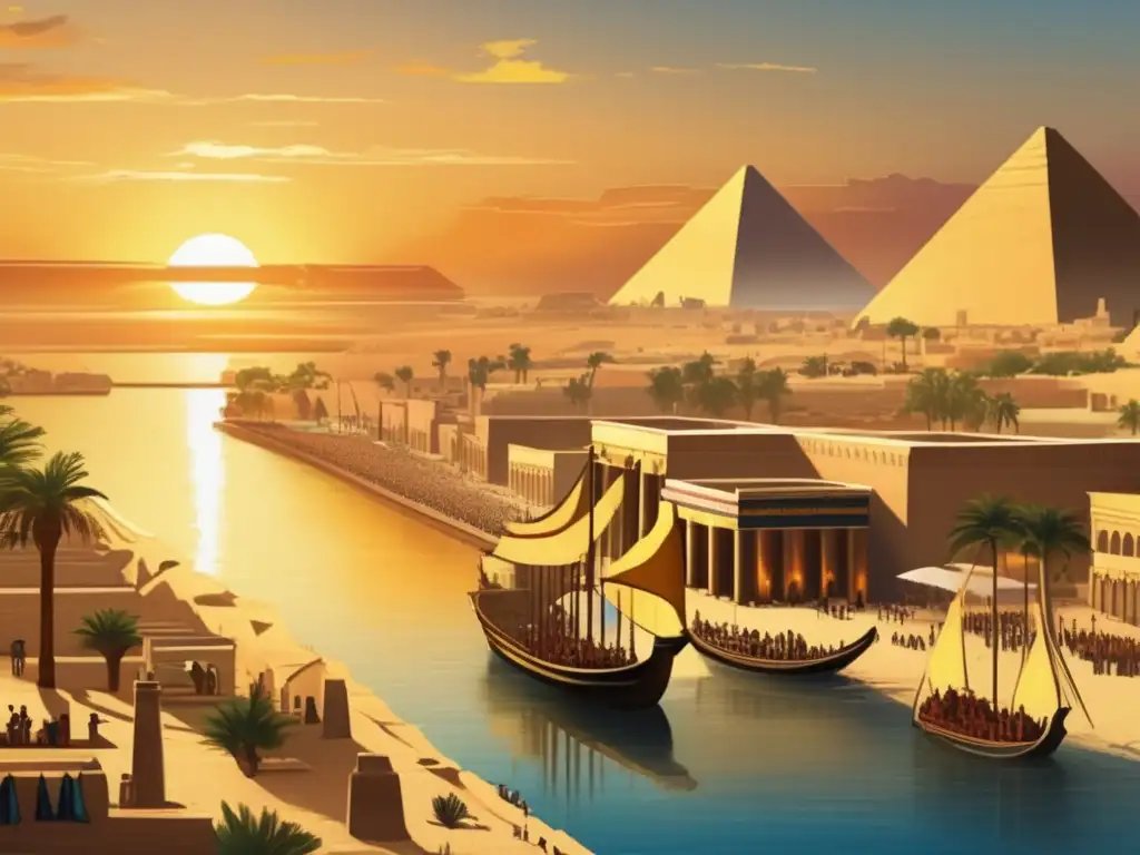 Una imagen en estilo vintage muestra la bulliciosa ciudad de Tebas en el antiguo Egipto