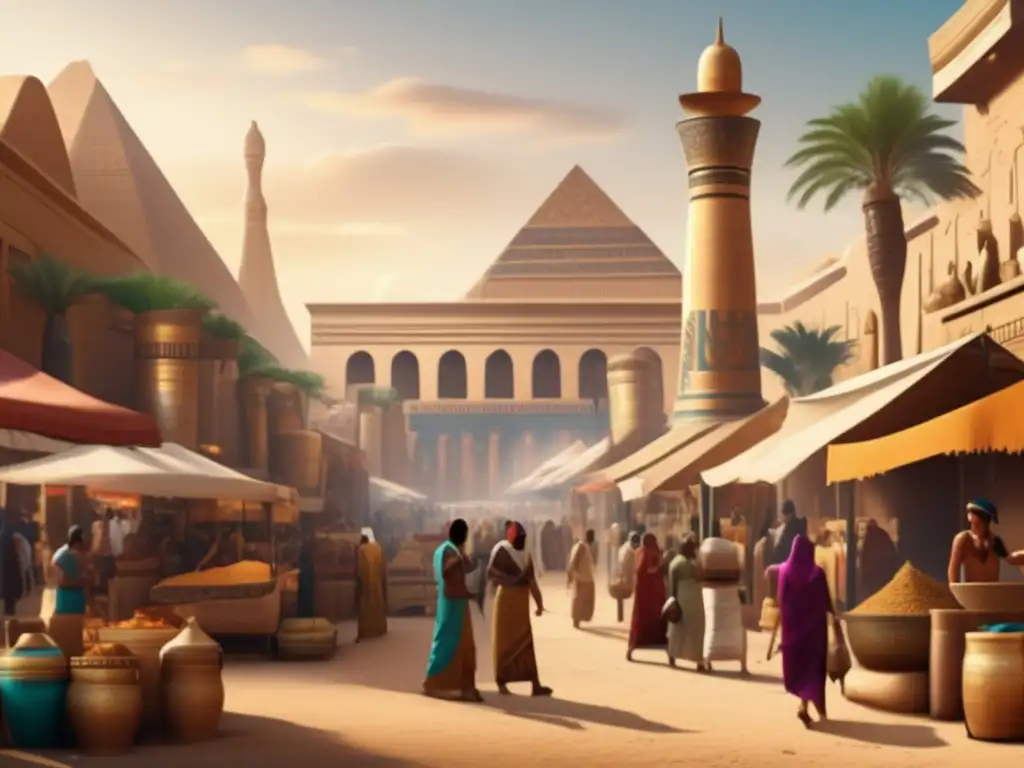 Una imagen en 8k con estilo vintage que muestra un bullicioso mercado egipcio durante el Primer Periodo Intermedio de Egipto