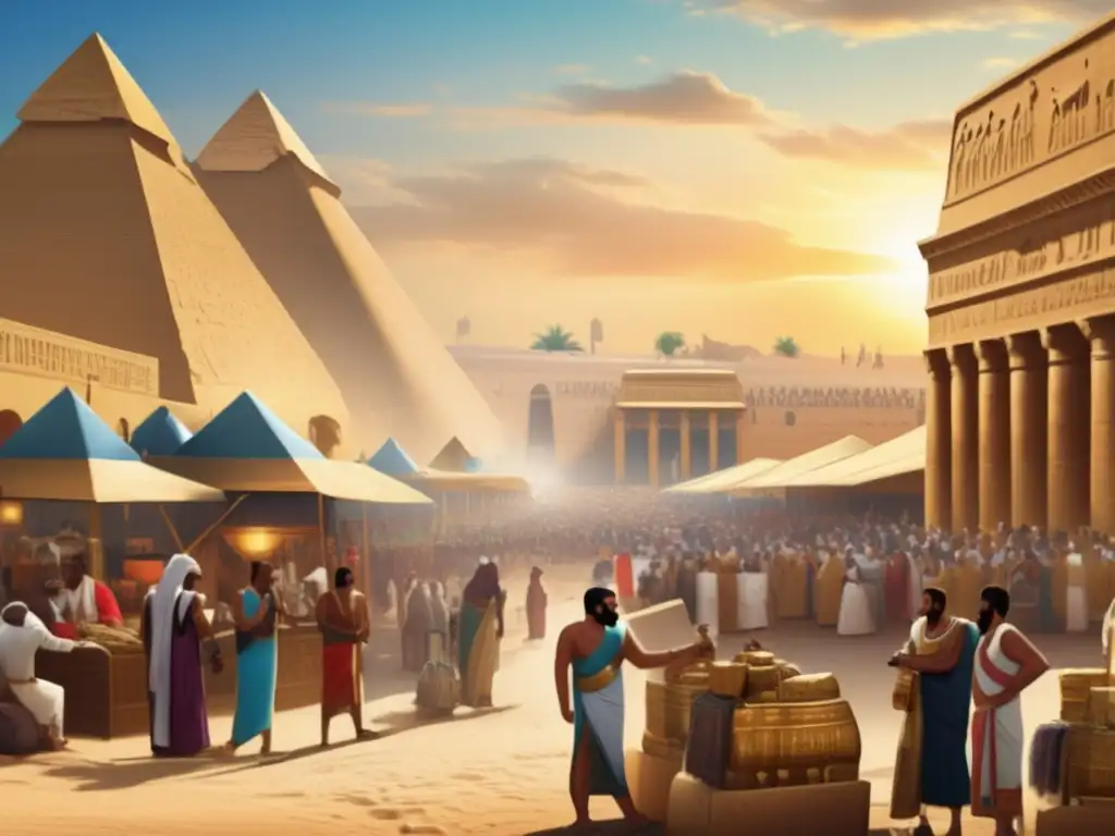 Una imagen estilo vintage de un bullicioso mercado en el antiguo Egipto, donde comerciantes y clientes se dedican a actividades comerciales