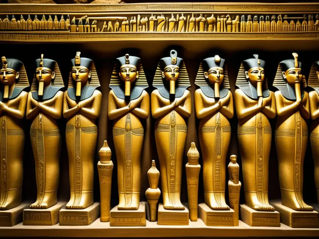Una imagen estilo vintage muestra una colección de estatuas ushebti exquisitamente elaboradas en una tumba egipcia antigua