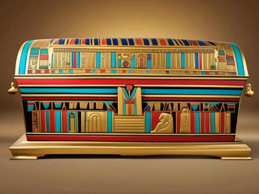 Una imagen de estilo vintage de un elaborado sarcófago egipcio, decorado con intrincados jeroglíficos y colores vibrantes, toma protagonismo